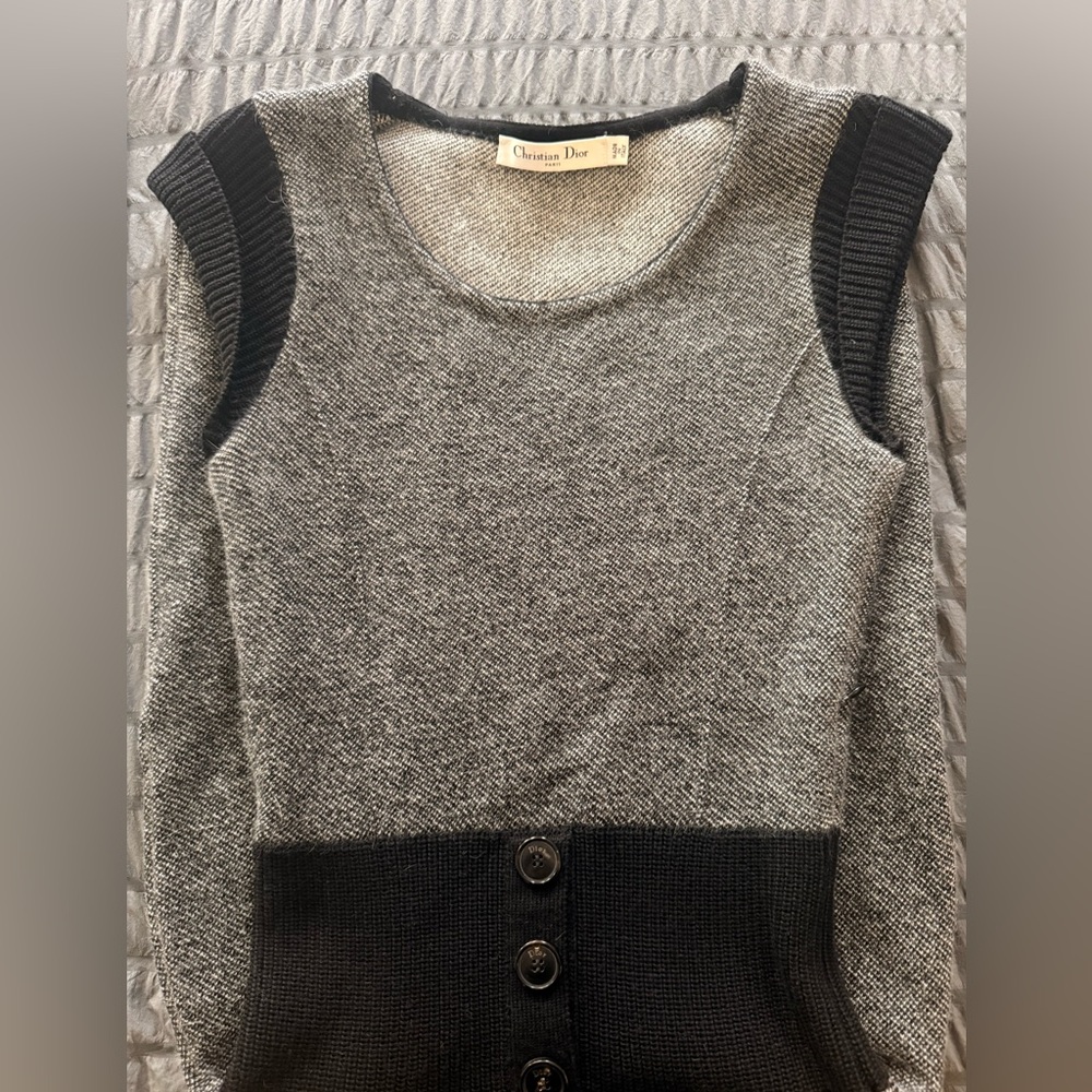 Christian Dior Paris Gray Knit Sheath Dress with Ribbed Waist Belt
